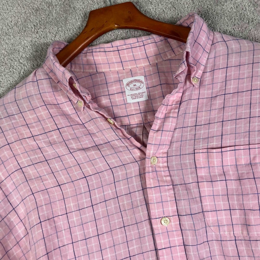 Brooks Brothers Button Down Shirt Mens XL Pink Plaid Linen Short Sleeve Polo
